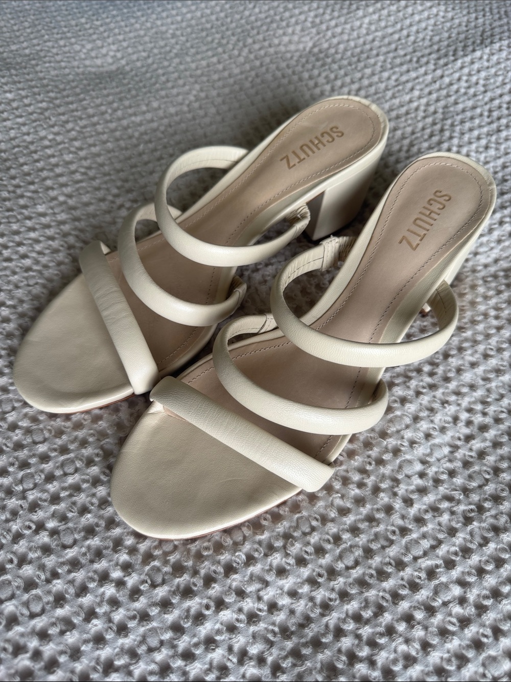 SCHUTZ Ivory Triple-Strap Block Heel Sandals